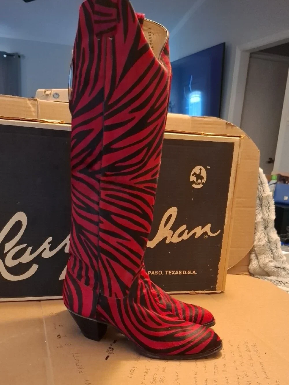 Larry Mahan Vintage Exotic Boots In Red And Black Calf Hair Zebra Print